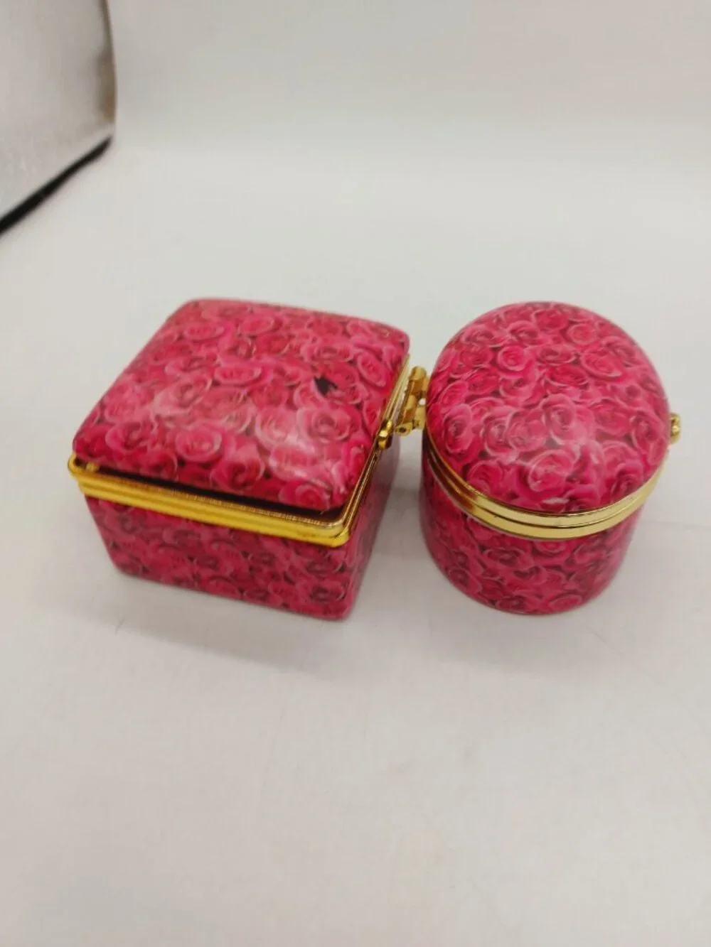 Trinket Box Pink Roses Hinged Round And Square Set Of 2 READ